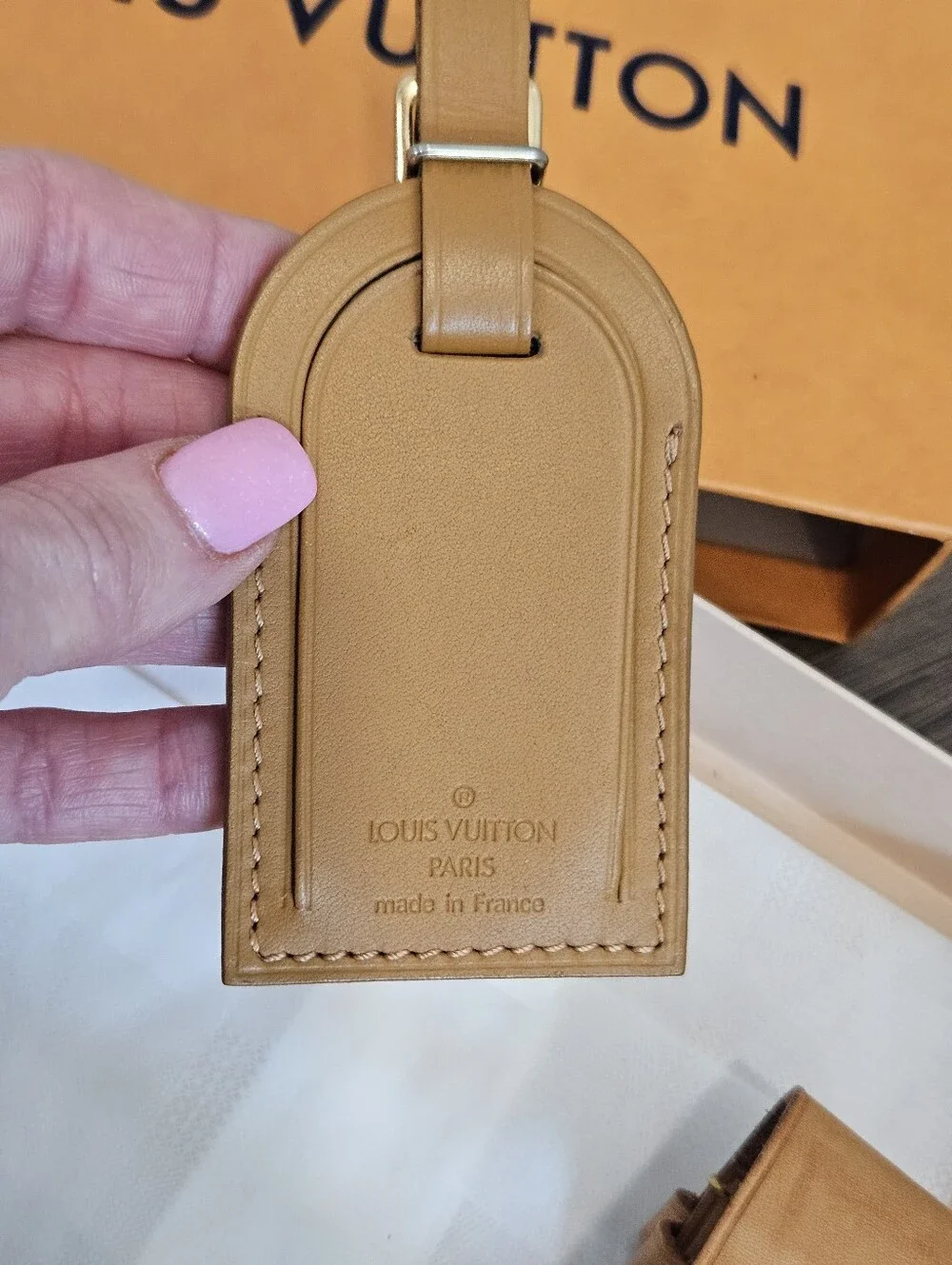 Louis Vuitton Vachetta Leather Luggage Tag + Handle Keeper Set w/ Box Vintage